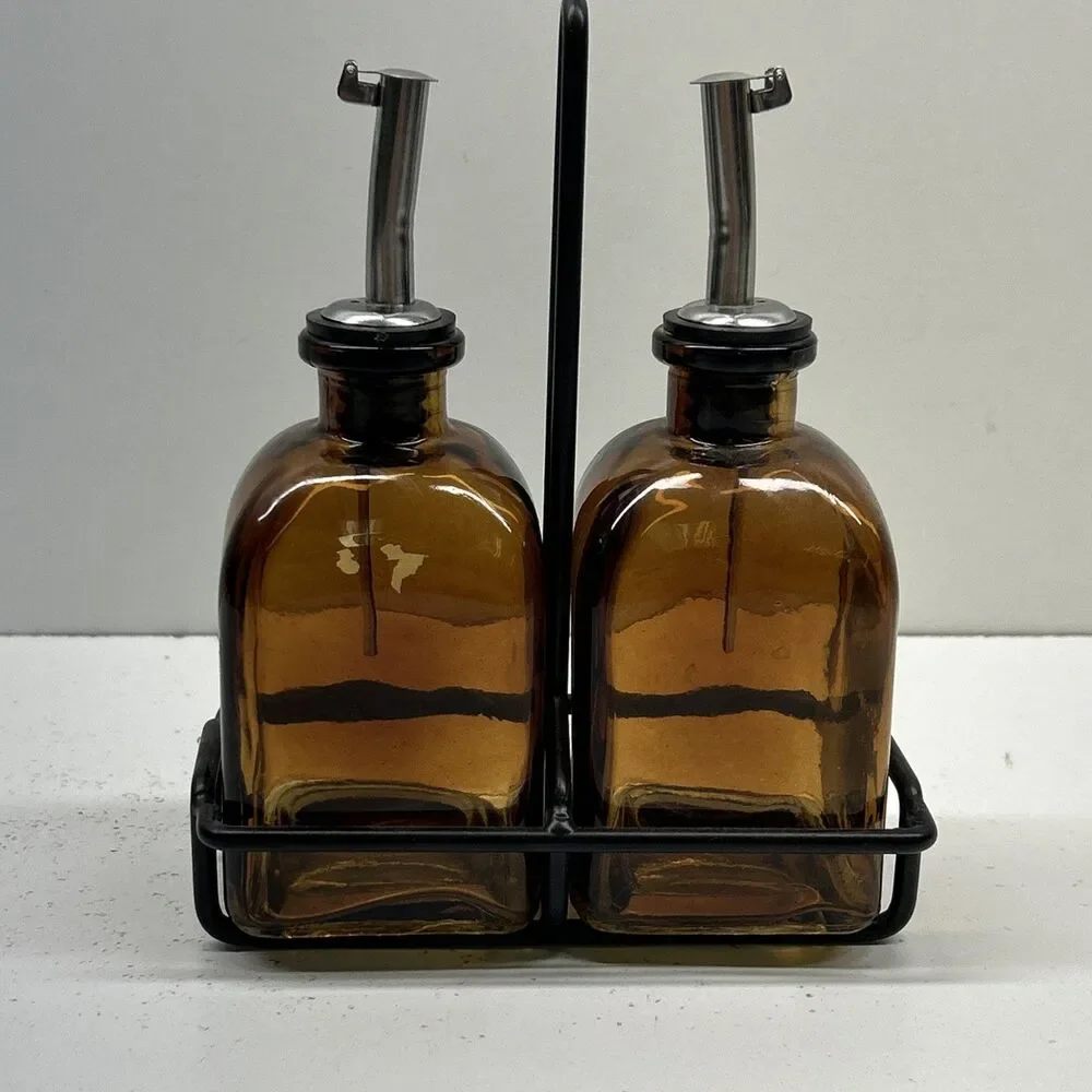 Set Of 2 Vintage Amber Bottles With Holder - Beautiful Design‎